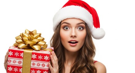 Surprised woman in santa hat holding christmas gift with gold bow and red snowflake wrapping paper against expressing holiday cheer and anticipation on white background
