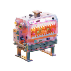 Colorful transparent toy machine with geometric candy inside, playful mechanical device, vibrant pastel light, whimsical smile display