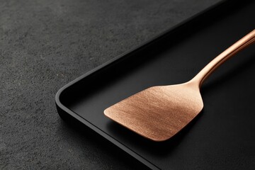 Rose gold spatula on black tray
