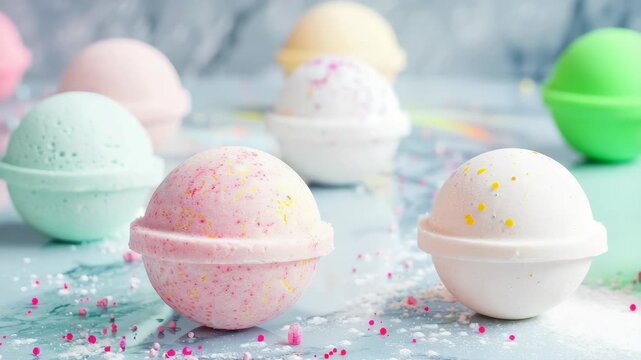 Colorful bath bombs with sprinkles on marbled surface