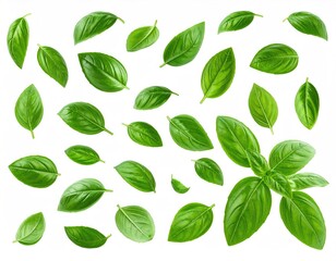 Green basil leaves floating on white background