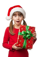 Excited little girl in santa hat holding a christmas present with a surprised expression against a ready for the holiday season celebration on white background