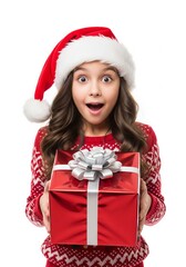 Excited young girl in santa hat holding a christmas gift with a surprised expression against a ready for the holiday season and christmas cheer on white background