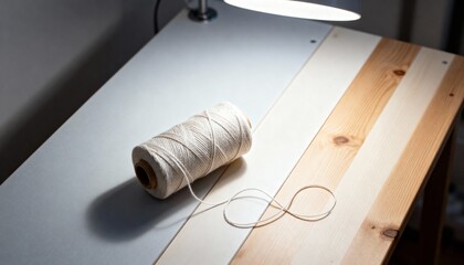 Unraveled thread on sewing table under soft lamp light, homey mood, realistic indoor photography