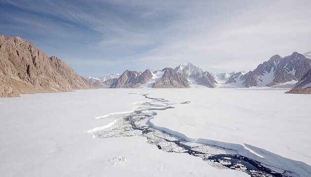 A vast, frozen landscape featuring a cracked ice surface in the foreground, leading towards snow-capped mountains under a bright, partly cloudy blue sky.