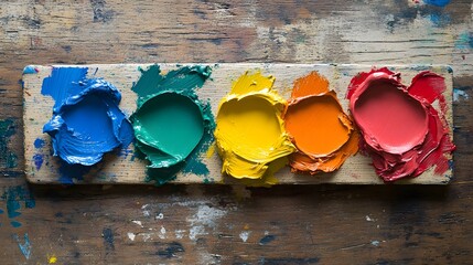 Palette displays vibrant array of fresh paint colors arranged on rustic wooden surface for artistic creation.