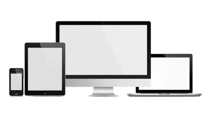 gadgets such as monitor, phone, laptop, and tablet on white background