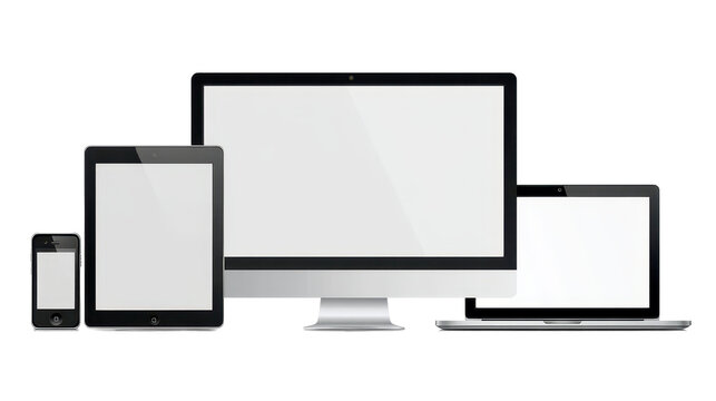 gadgets such as monitor, phone, laptop, and tablet on white background