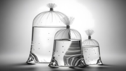 Three bags of water in monochrome studio