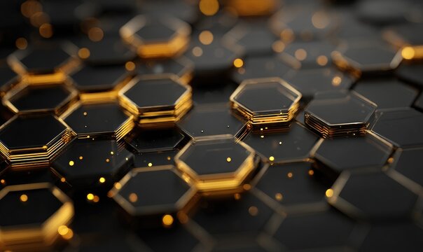 Abstract 3D honeycomb pattern with black and gold glowing cells