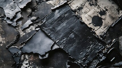 Abstract black and grey textured background featu layers of peeling paint and weathered surface details.