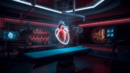 Advanced medical lab with a glowing holographic human heart above an operating table, surrounded by high-tech screens and dramatic clinical lighting - Powered by Adobe