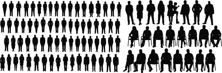 Large collection of people silhouettes, standing and sitting human figures, diverse poses for design, illustration elements for creative artwork projects