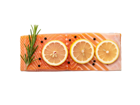 Fresh salmon fillet with lemon slices and rosemary sprigs isolated on transparent background