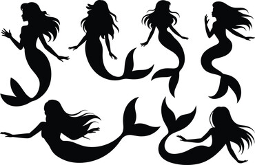 Mermaid silhouette collection featuring elegant fantasy sea maidens, underwater mythical creature poses for design, decorative ocean illustration elements