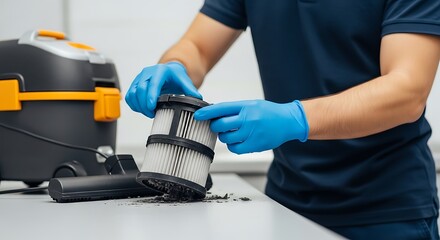 Vacuum Cleaner Filter Maintenance: Man Cleaning Filter