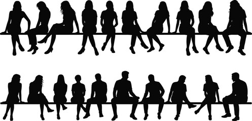 Silhouettes of people sitting on bench, group of men and women in relaxed poses, human figures collection for design elements