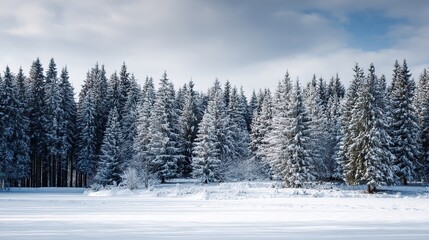 Winter landscape, with a background of soft white and light blue-toned forest. A tranquil, minimalist winter scene, capturing the serene beauty of the cold season and frost-covered wilderness.