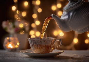 Tea being poured into a delicate cup.  Warm, inviting glow