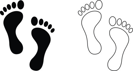 Footprint vector Icons set solid and outline foot symbols in black and white, Representing Steps, movement, Identity, Tracking, and Direction.