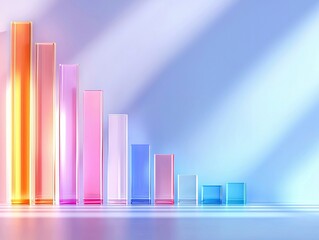 A row of translucent glass bars representing a decreasing bar chart, set against a soft blue gradient background with diagonal light and shadow patterns. The ba