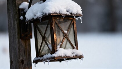 Snow settled on outdoor lantern in dim morning light, serene winter mood, photorealistic style