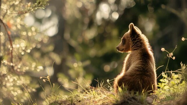 Bear cub sits in forest at sunrise with light filtering through trees