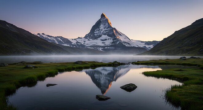 The majestic matterhorn reflected in a tranquil alpine lake at dawn