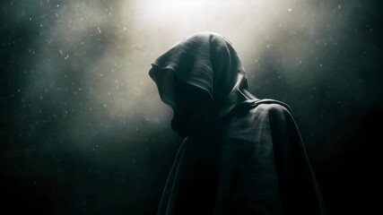 a mysterious hooded figure fading into darkness, soft dramatic top lighting, subtle fog and atmospheric shadows, wet cloak reflecting ambient light
