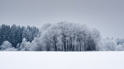 Winter landscape, with a background of soft white and light blue-toned forest. A tranquil, minimalist winter scene, capturing the serene beauty of the cold season and frost-covered wilderness.