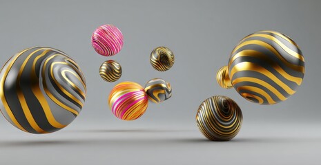 Abstract 3D spheres, gold, silver, and pink swirl design, floating on gray