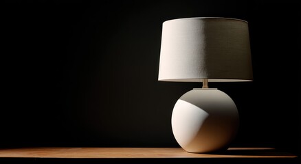 A simple, cream-colored table lamp casts a soft shadow in a dark room
