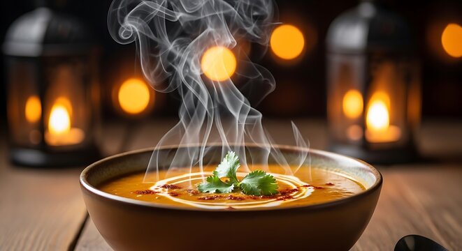 Steaming Hot Creamy Soup with Cilantro and Chili Flakes, Served on a Wooden Table with Warm Ambient Lantern Lights in a Cozy Setting - Powered by Adobe