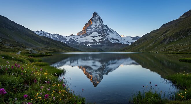 Majestic matterhorn reflected in a serene alpine lake with wildflowers - Powered by Adobe