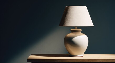 Cream-colored table lamp on light wood surface