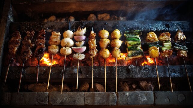 Delicious skewers of grilled meat and vegetables sizzling over hot charcoal, showcasing a mouthwatering array of flavors and colors for culinary enthusiasts