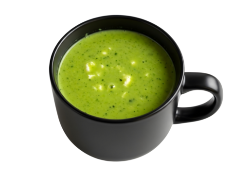 Black mug filled with frothy green matcha tea isolated on transparent background
