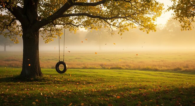 Autumnal tranquility a tire swing hangs beneath a golden misty tree
