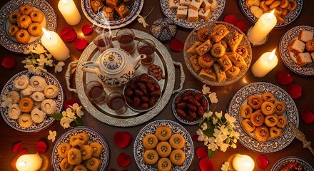 Fototapeta premium Luxurious Festive Spread: Traditional Middle Eastern Sweets, Dates, and Mint Tea Adorned with Warm Candles and Delicate Petals for a Celebratory Oc...