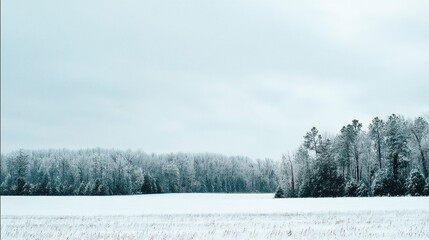 Winter landscape, with a background of soft white and light blue-toned forest. A tranquil, minimalist winter scene, capturing the serene beauty of the cold season and frost-covered wilderness.