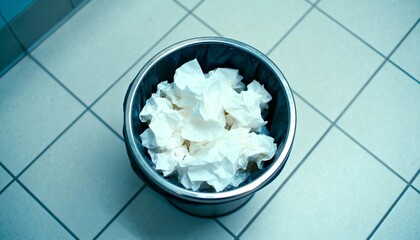 Trash can overflowing with tissues in soft light, unkempt everyday scene, photorealistic style