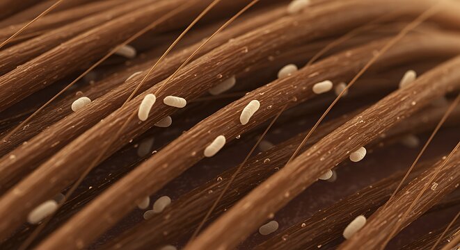 Close up view of brown hair strands infested with white nits and lice