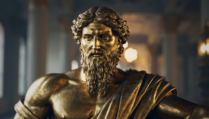 Golden statue of a bearded man in draped clothing indoors.