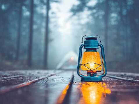 A vintage blue lantern with a warm orange glow sits on a wet wooden table in a misty forest. A tent is visible in the blurred background.
