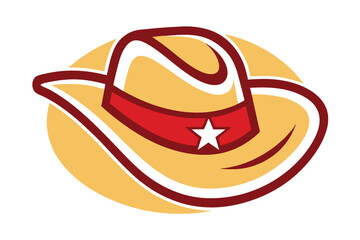 Stylish cowboy hat featuring bold red band with a white star adorns an oval backdrop