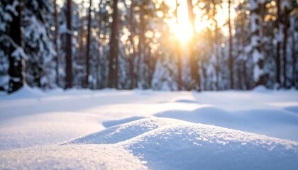 Sunlight gleams across fresh snow in a winter forest, creating a serene, crisp landscape scene