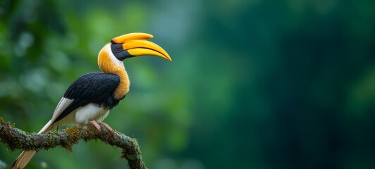 Beautiful Flying Hornbill with Tropical Rainforest Background, Spacious Composition, Rule of Thirds, and Clean Right-Side Space for Text