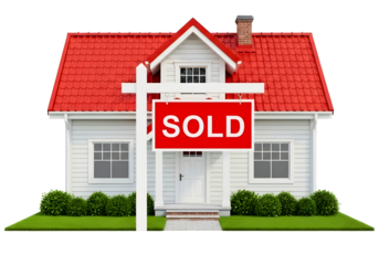 White house with red roof and sold sign isolated on transparent background