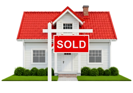 White house with red roof and sold sign isolated on transparent background