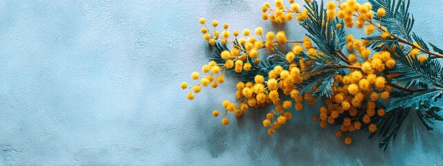 Delicate yellow blossoms on a light blue surface
